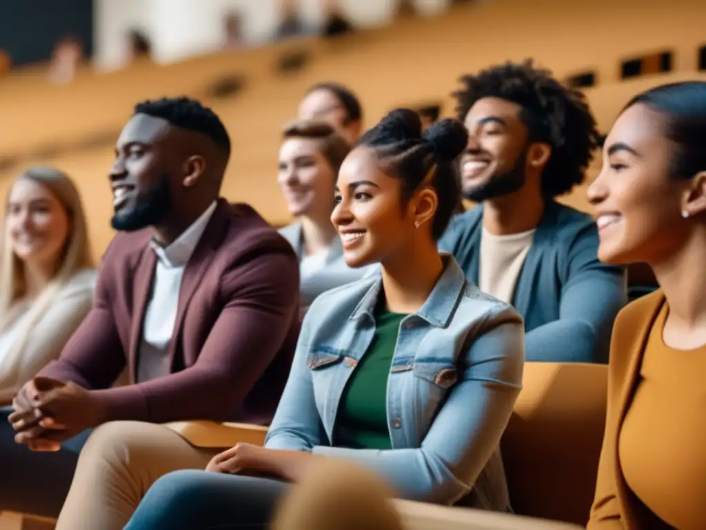 Estudiantes universitarios debatiendo en aula diversa Estudiantes universitarios diversos en una discusión, promoviendo la discriminación positiva en admisiones universitarias