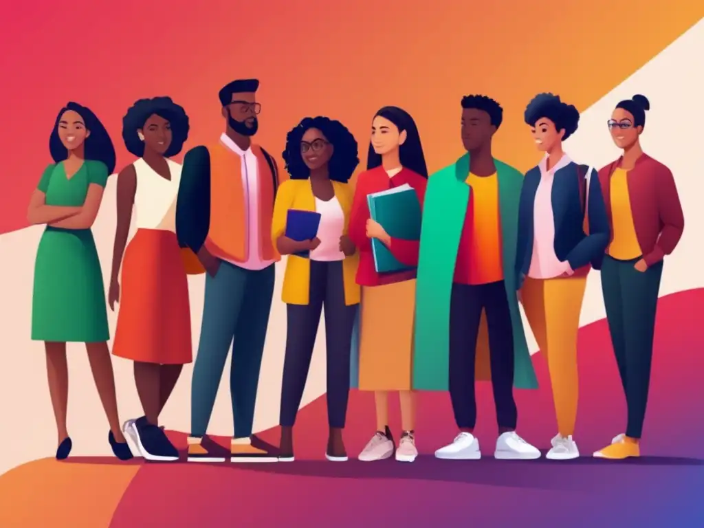 Estudiantes universitarios diversos en un entorno minimalista Estudiantes universitarios diversos en entorno moderno, con actividades académicas y destacando la IA en admisiones y diversidad