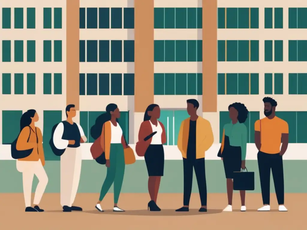 Unidad y diversidad en la educación superior Estudiantes universitarios diversos frente a edificio universitario - Discriminación positiva en admisiones universitarias