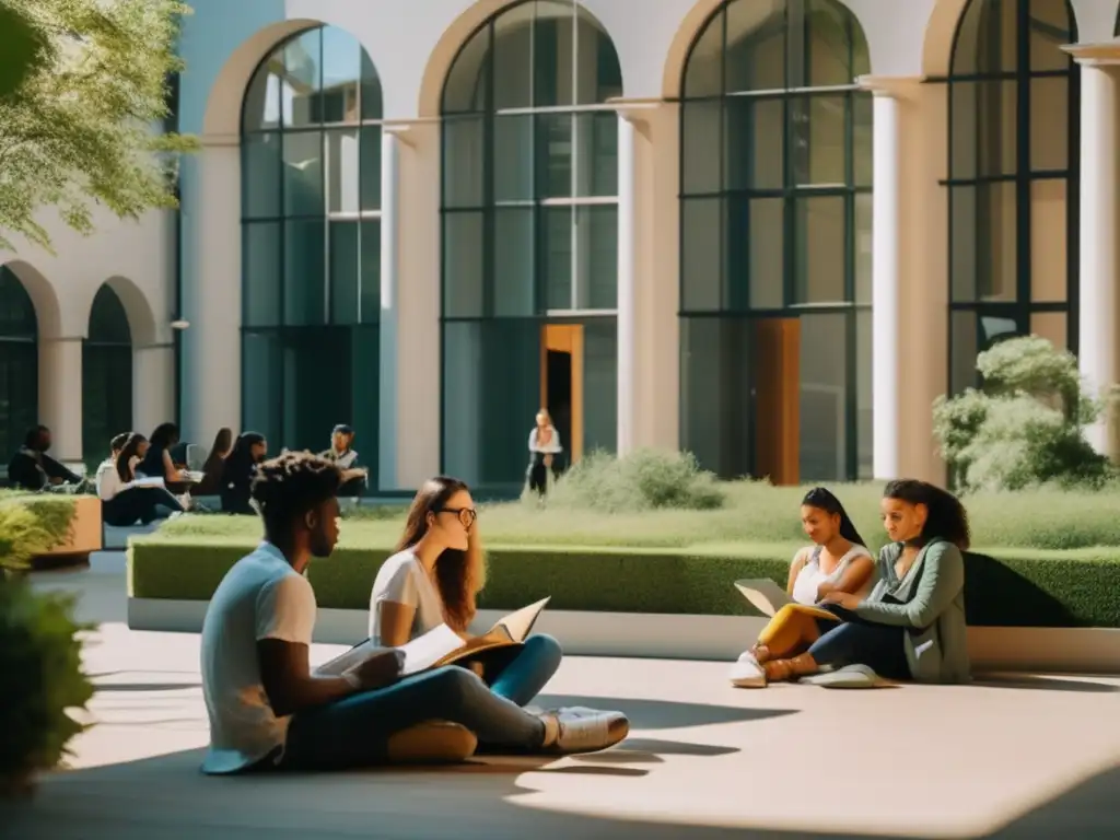 Estudiantes universitarios colaborando en un patio soleado Estudiantes universitarios colaborando en un entorno académico europeo - Estrategias de admisión universitaria Europa
