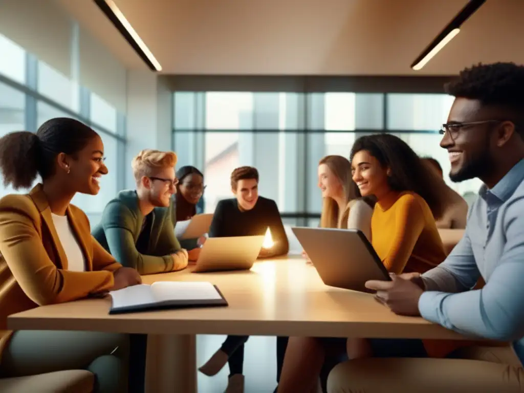 Estudiantes universitarios colaborando en proyecto Estudiantes universitarios debatiendo con entusiasmo habilidades de liderazgo y trabajo en equipo