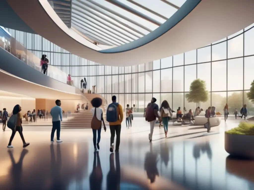 Estudiantes universitarios en campus inclusivo y futurista Estudiantes universitarios de diversas etnias y géneros en un campus moderno, promoviendo IA en admisiones y diversidad