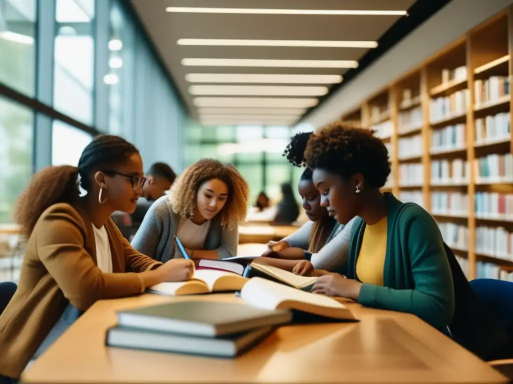 Estudio colaborativo en biblioteca universitaria Estudiantes universitarios preparándose para exámenes de admisión en Europa
