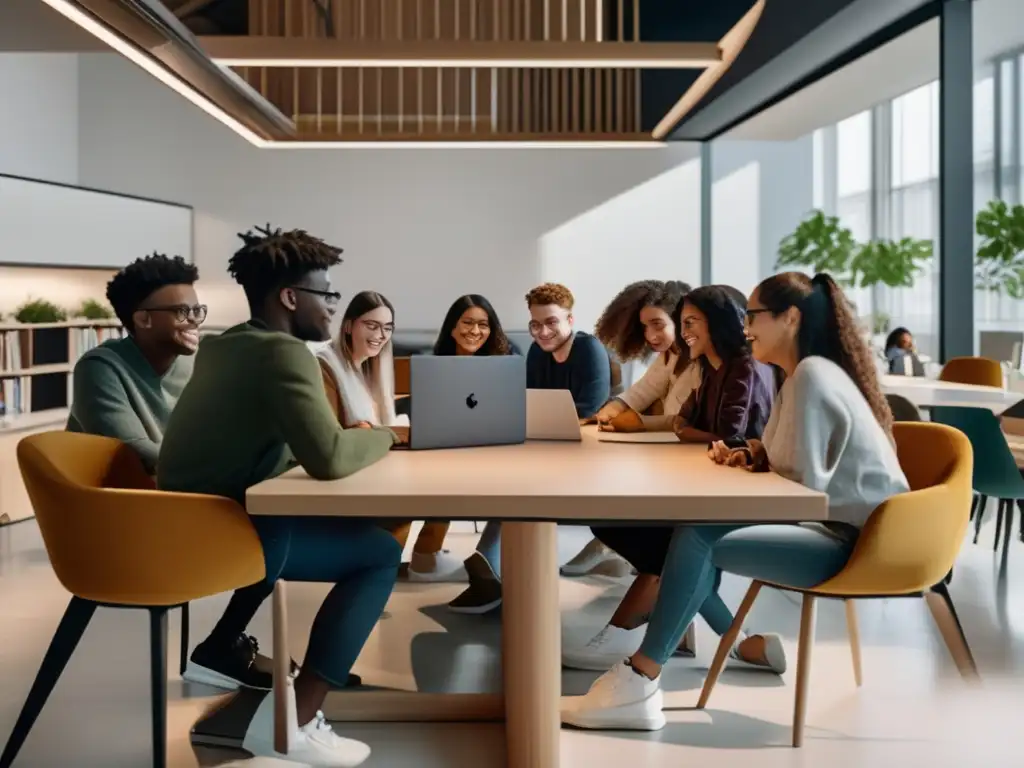 Estudiantes internacionales colaborando en un moderno espacio de estudio Estudiantes universitarios internacionales colaborando en un espacio moderno y luminoso - Importancia de la internacionalización en admisiones universitarias