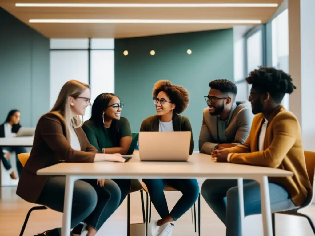 Estudiantes universitarios colaborando en un espacio moderno Estudiantes universitarios discuten y trabajan juntos en un espacio de estudio contemporáneo, transmitiendo inclusión y empoderamiento
