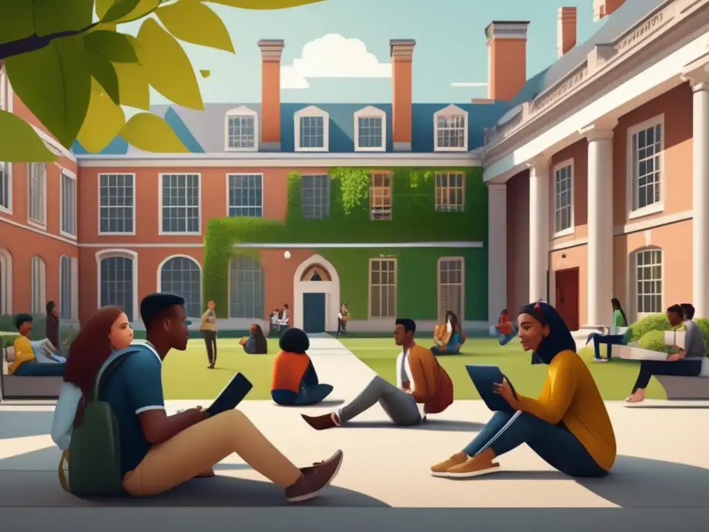 Estudiantes diversos en un campus universitario Estudiantes universitarios en un patio vibrante de una universidad Ivy League, promoviendo inclusividad y diversidad