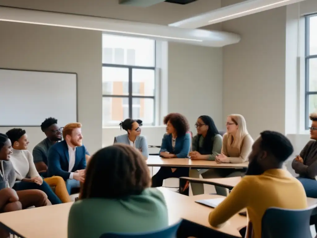 Estudiantes debatiendo en aula inclusiva Estudiantes universitarios debatiendo políticas de inclusión en admisiones
