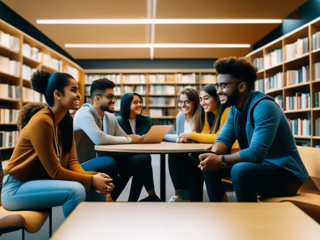 Estudiantes universitarios colaborando en biblioteca moderna Estudiantes universitarios aprovechando redes sociales para crecimiento académico y colaboración