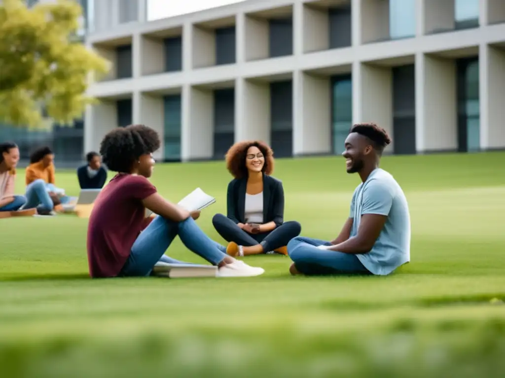 Estudiantes universitarios en campus diverso y vibrante Estudiantes universitarios disfrutan de la vida académica y extracurricular, destacando los beneficios de la vida universitaria