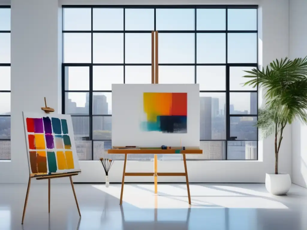 Estudio de arte minimalista y luminoso Estudio de arte blanco con luz natural, ambiente moderno y suministros organizados