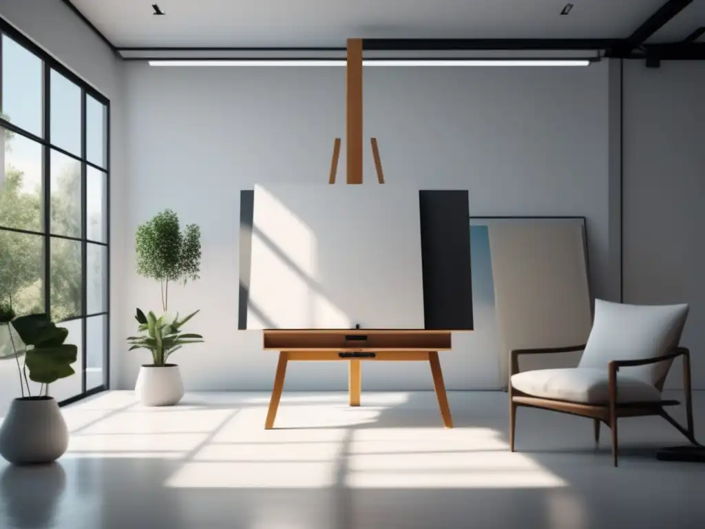 Estudio de arte contemporáneo con estilo minimalista Estudio de arte contemporáneo bien iluminado con ventanales, muebles minimalistas y suministros de arte organizados