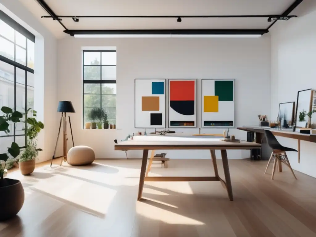 Estudio de arte minimalista y moderno Estudio de arte moderno con ventanales, luz natural y mesa de dibujo blanca