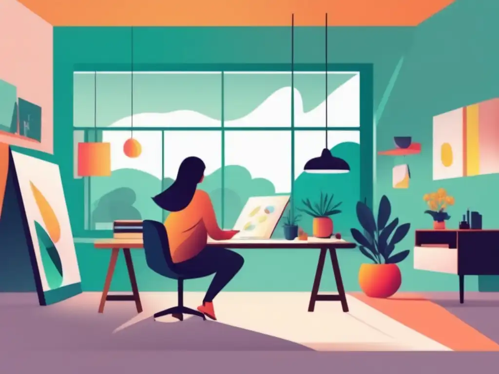 Estudio de artista con luz natural y creatividad Estudio de artista con luz natural, muebles modernos, artista creando en lienzo y suministros de arte