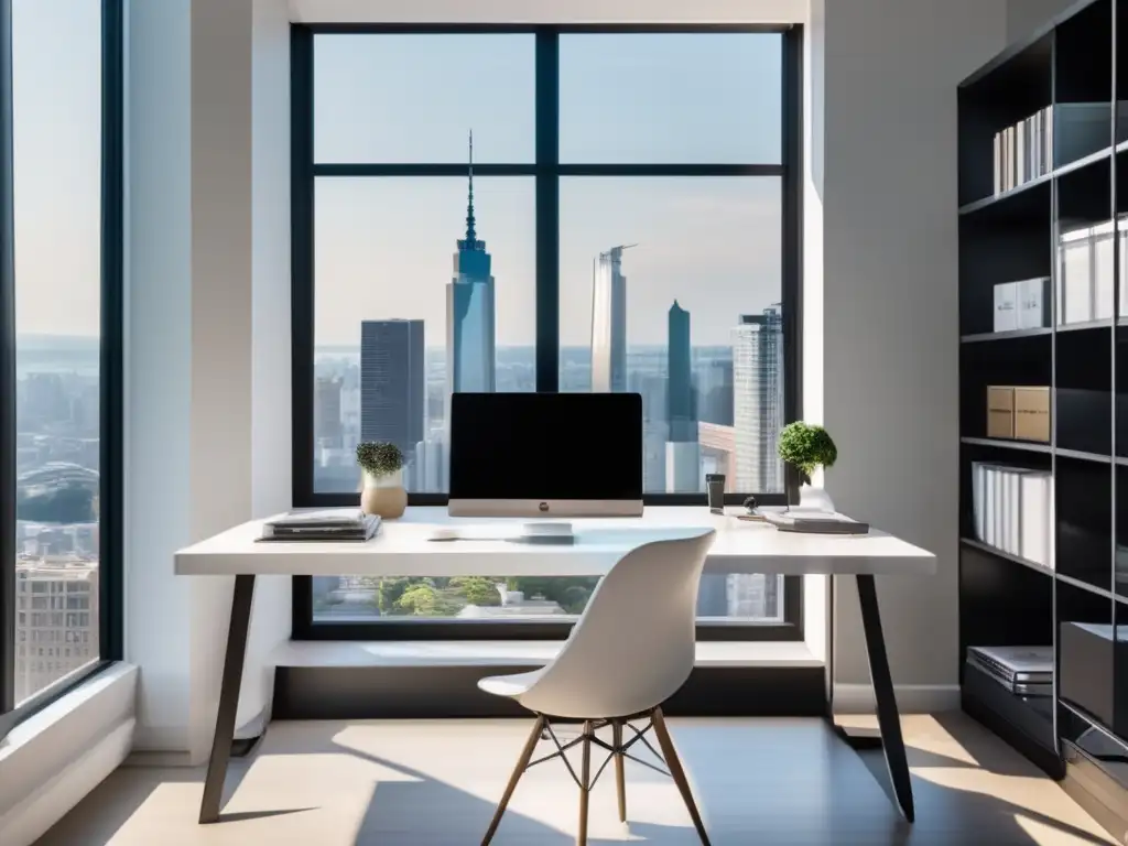 Espacio de estudio moderno y minimalista Estudio bien iluminado con escritorio blanco, vista panorámica de la ciudad, equilibrio trabajo y estudio con préstamo estudiantil