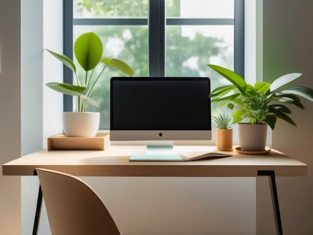 Espacio de estudio minimalista y sereno Estudio minimalista con escritorio moderno y luz natural