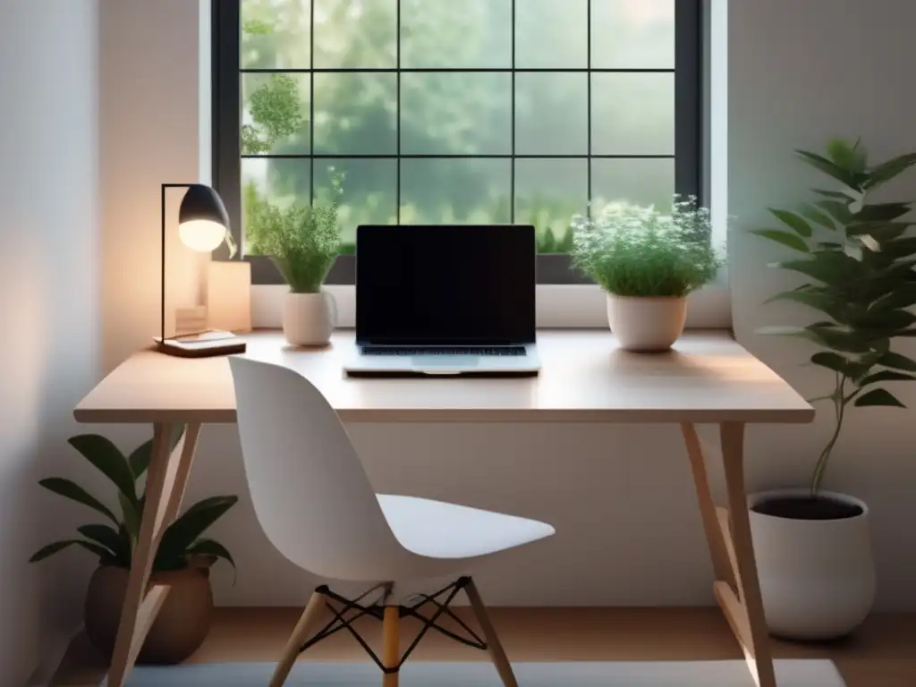 Espacio de estudio sereno y minimalista Estudio minimalista con luz natural, escritorio blanco y elementos de meditación