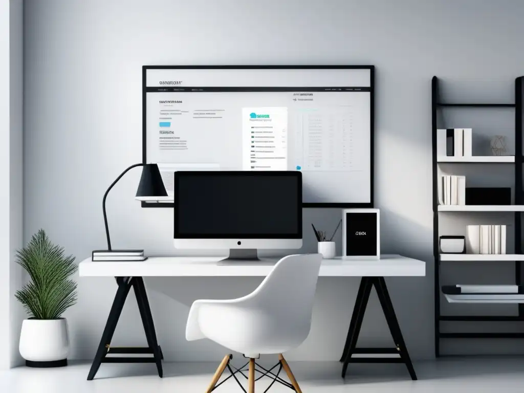 Espacio de estudio minimalista y moderno Estudio minimalista y moderno: escritorio blanco, monitor de alta tecnología, materiales de estudio organizados, luz natural serena