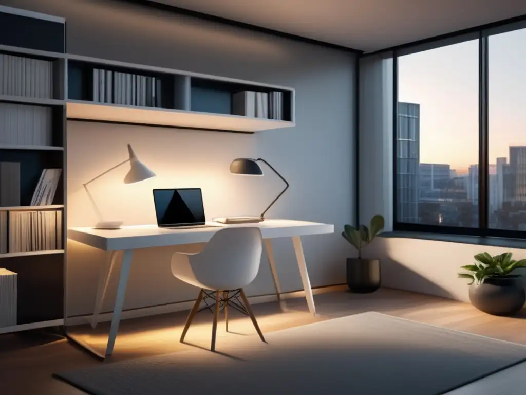 Espacio de estudio moderno y organizado Estudio minimalista con ventana, escritorio blanco, laptop, libros, resaltadores, lámpara y notas