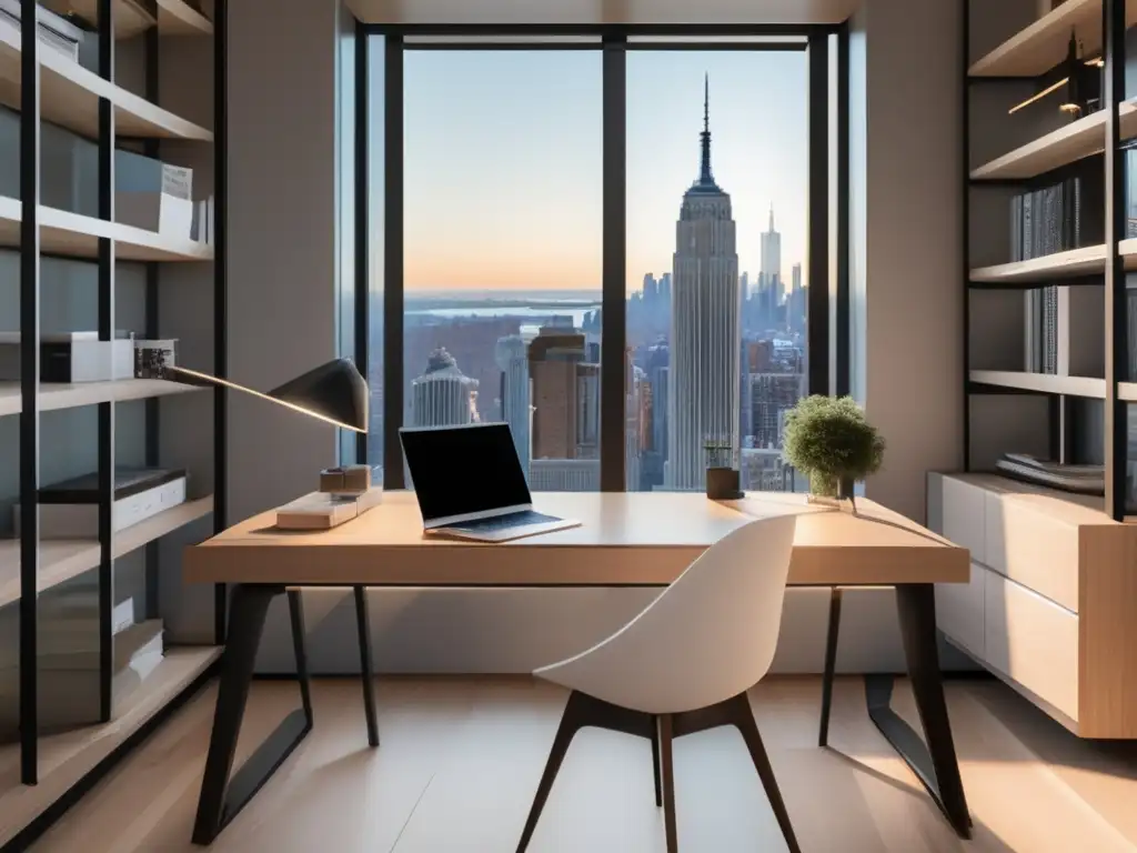 Espacio de estudio minimalista con vista de NYC Estudio minimalista en NYU: vista impresionante, luz natural y organización perfecta