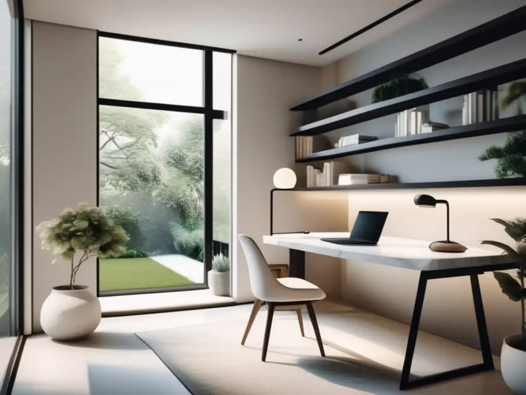 Espacio de estudio minimalista y tranquilo Estudio minimalista con vista a jardín, luz natural, escritorio de mármol blanco, lámpara y laptop