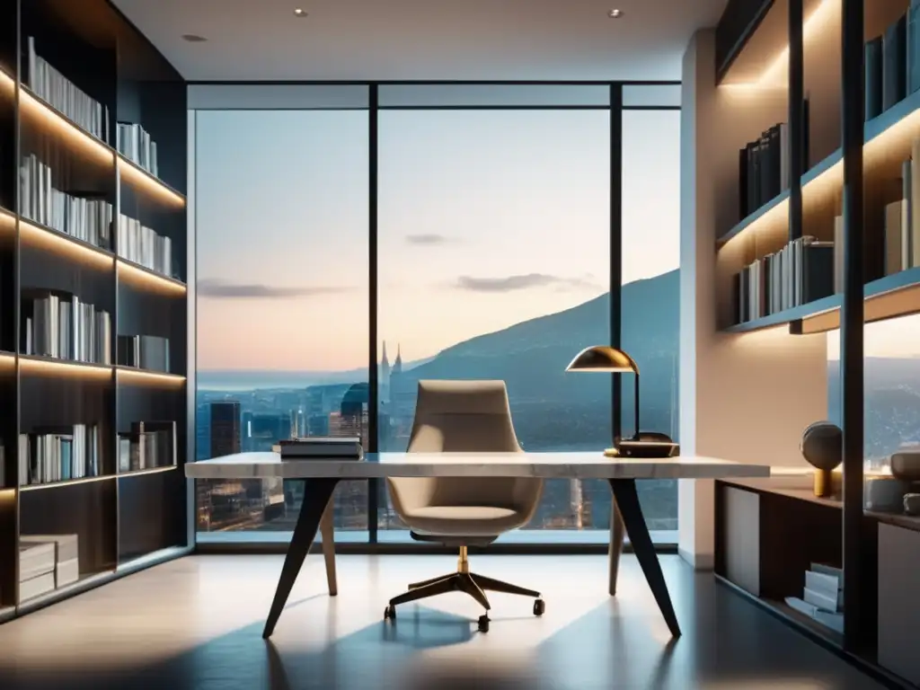 Estudio moderno y espacioso con vista a la ciudad Estudio moderno con muebles minimalistas y vista de ciudad, ideal para técnicas de estudio para exámenes de admisión universitaria
