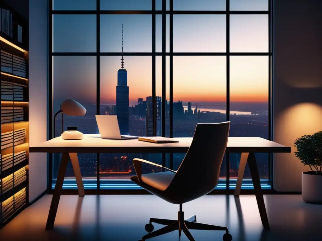 Estudio moderno con vista a la ciudad al atardecer Estudio moderno con ventanales, escritorio blanco y ensayos universitarios con storytelling