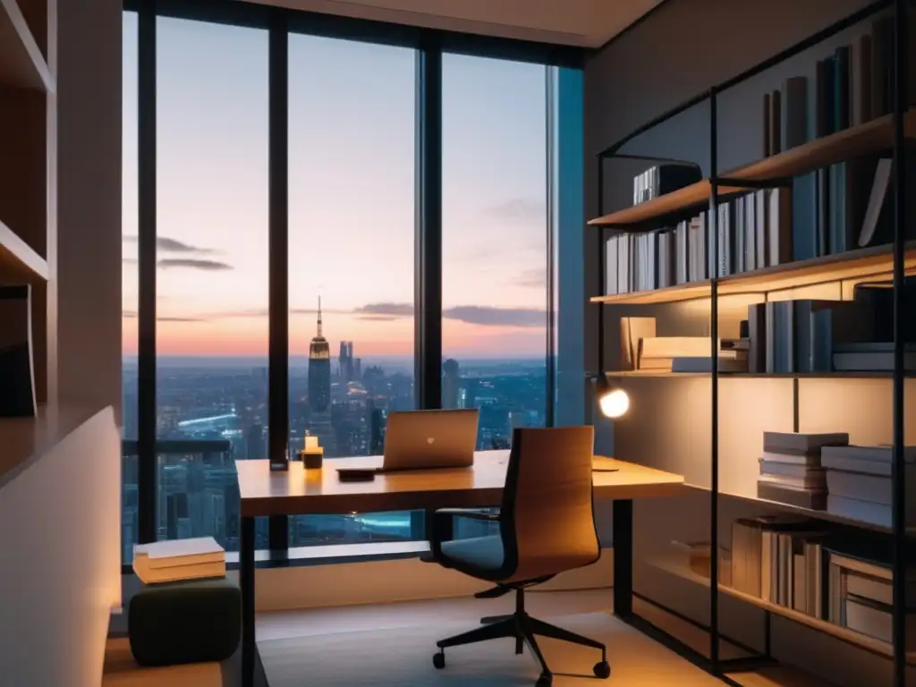 Estudio minimalista y organizado con vista a la ciudad al atardecer Estudio organizado con escritorio de madera, ventana panorámica y motivación para técnicas de estudio eficientes