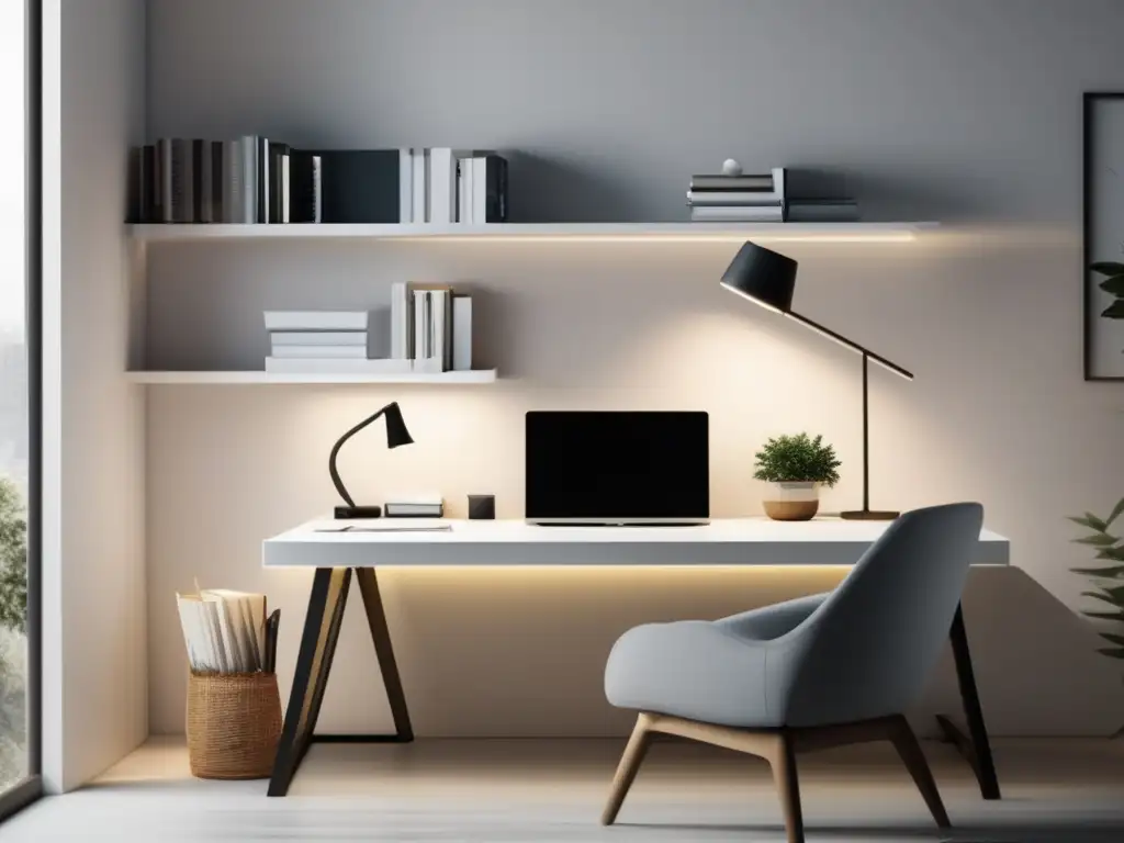 Espacio de estudio organizado y sereno Estudio postgrado: estrategias efectivas - Espacio de estudio minimalista y moderno con escritorio blanco, silla cómoda y luz natural