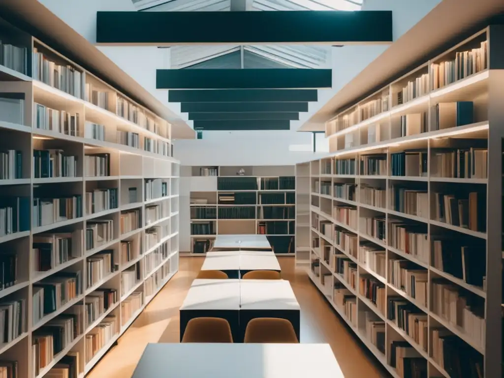 Biblioteca serena y minimalista Estudio sereno con estanterías blancas, libros organizados y elementos minimalistas