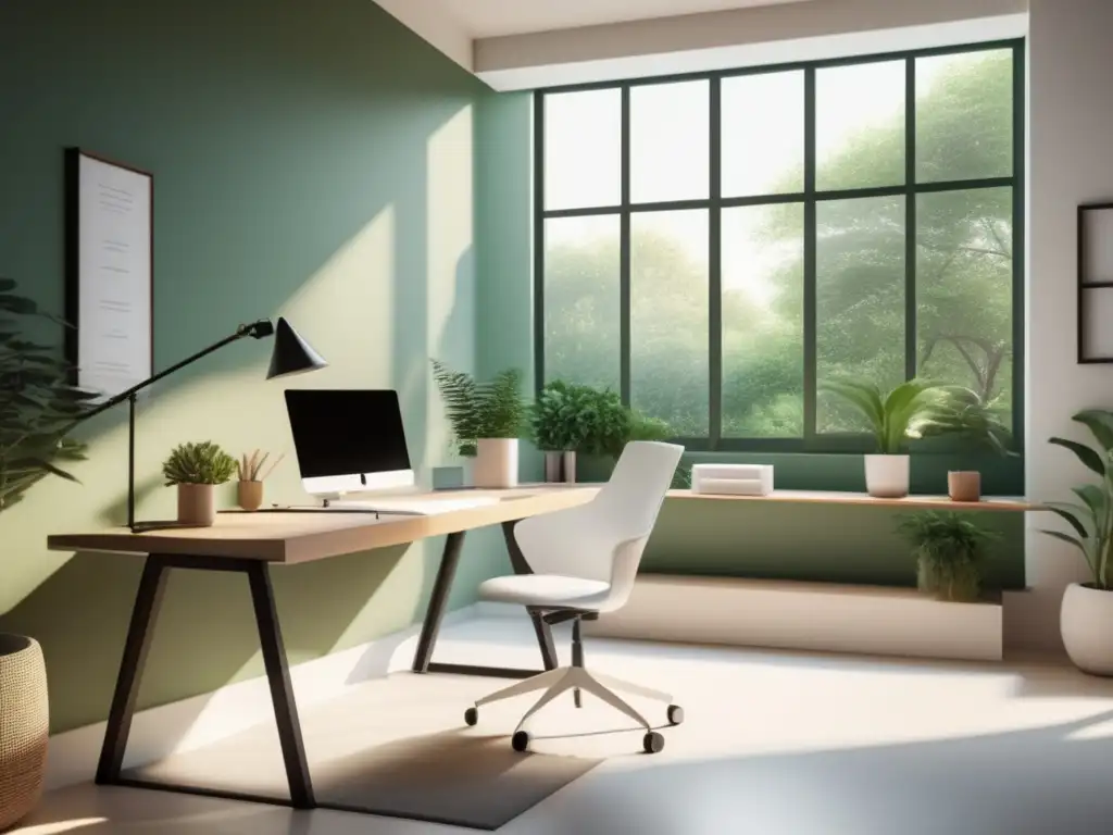 Espacio de estudio sereno y minimalista con vista al jardín Estudio sostenible con vista a jardín verde