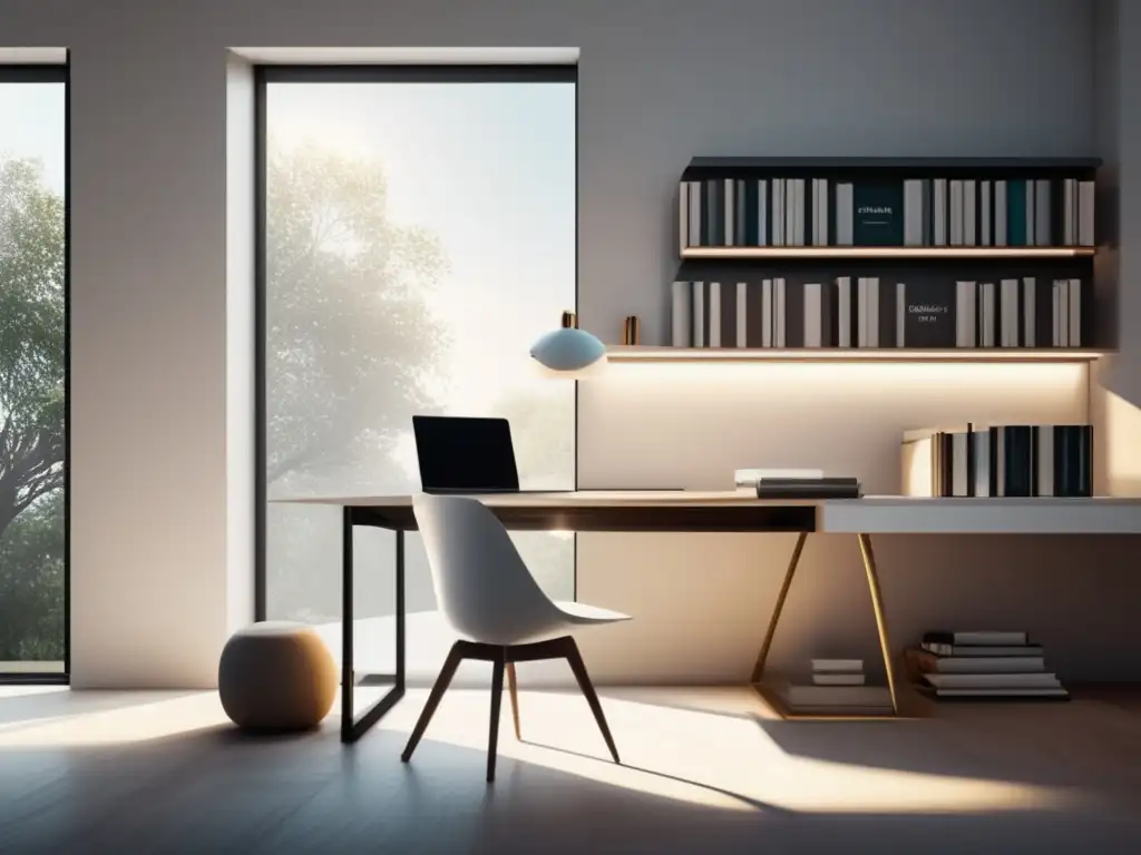 Estudio minimalista y luminoso con escritorio blanco y motivación Estudio universitario con técn