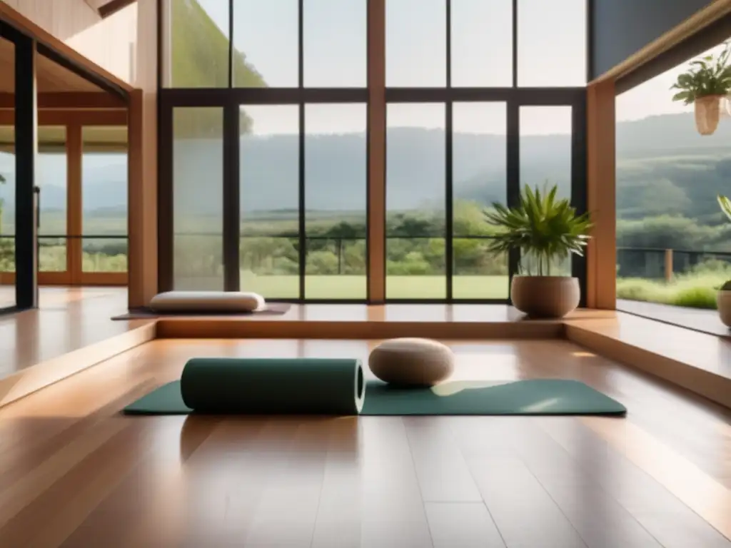 Estudio de yoga sereno con vistas a un paisaje verde Estudio de yoga sereno con vistas a un paisaje verde - Musicoterapia para relajación en admisiones universitarias