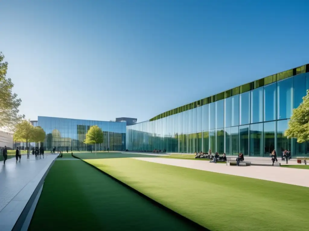 Campus universitario europeo moderno y minimalista Universidad europea con arquitectura moderna y campus verde, reflejando excelencia académica y proceso de admisiones universitarias Europa