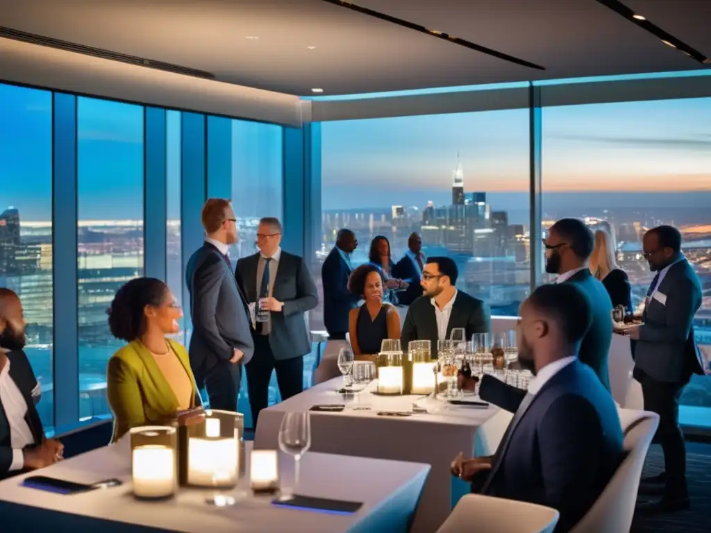 Evento de networking profesional en una sala moderna Evento de networking profesional con vista panorámica de ciudad al atardecer, ambiente vibrante y conexión con profesionales y mentores