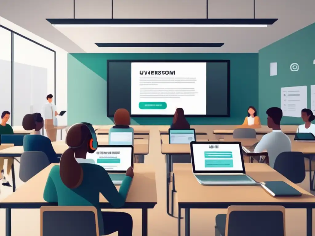 Clase universitaria moderna con exámenes personalizados Exámenes digitales personalizados universitarios en aula moderna y minimalista