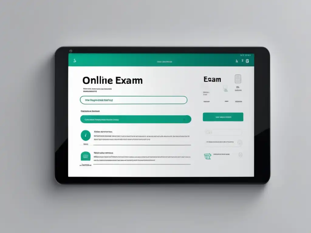 Examen online en una tablet moderna Exámenes online accesibles educación superior - Tableta digital con interfaz de examen en pantalla, diseño limpio y intuitivo