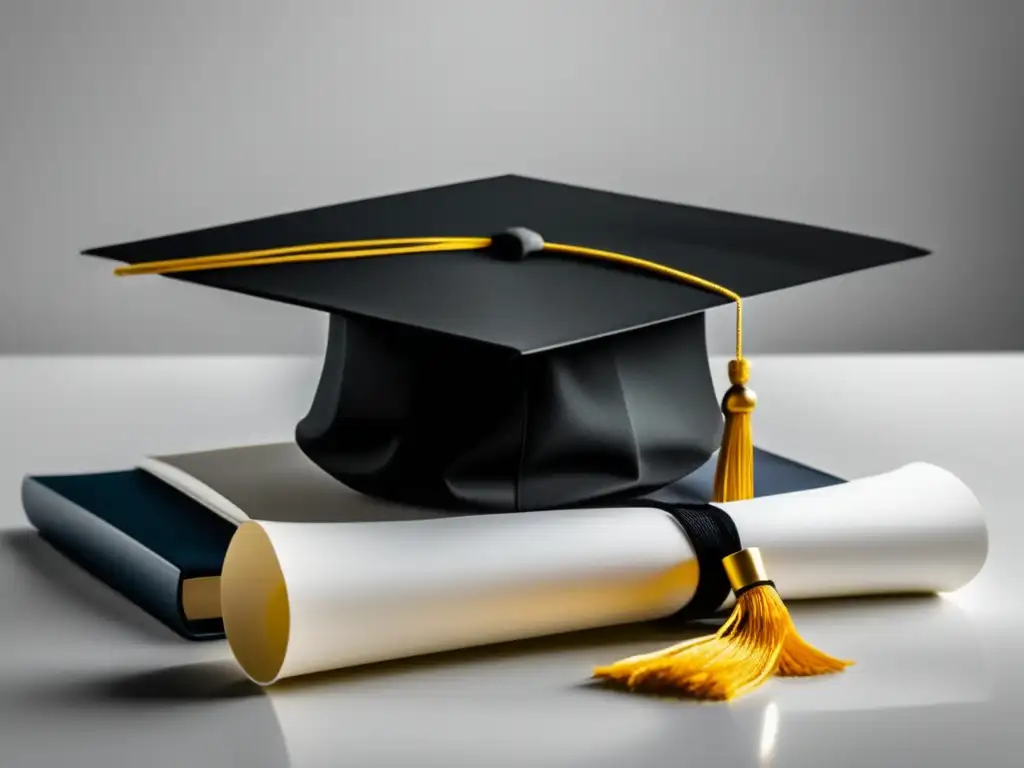 Graduación elegante y profesional Graduación exitosa: capa y diploma en un escritorio blanco minimalista
