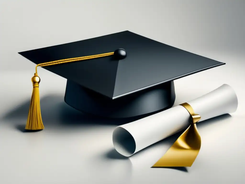Elegante diploma y gorro de graduación en fondo blanco Factores clave para elegir maestría: imagen minimalista y moderna de gorro y diploma de graduación en fondo blanco