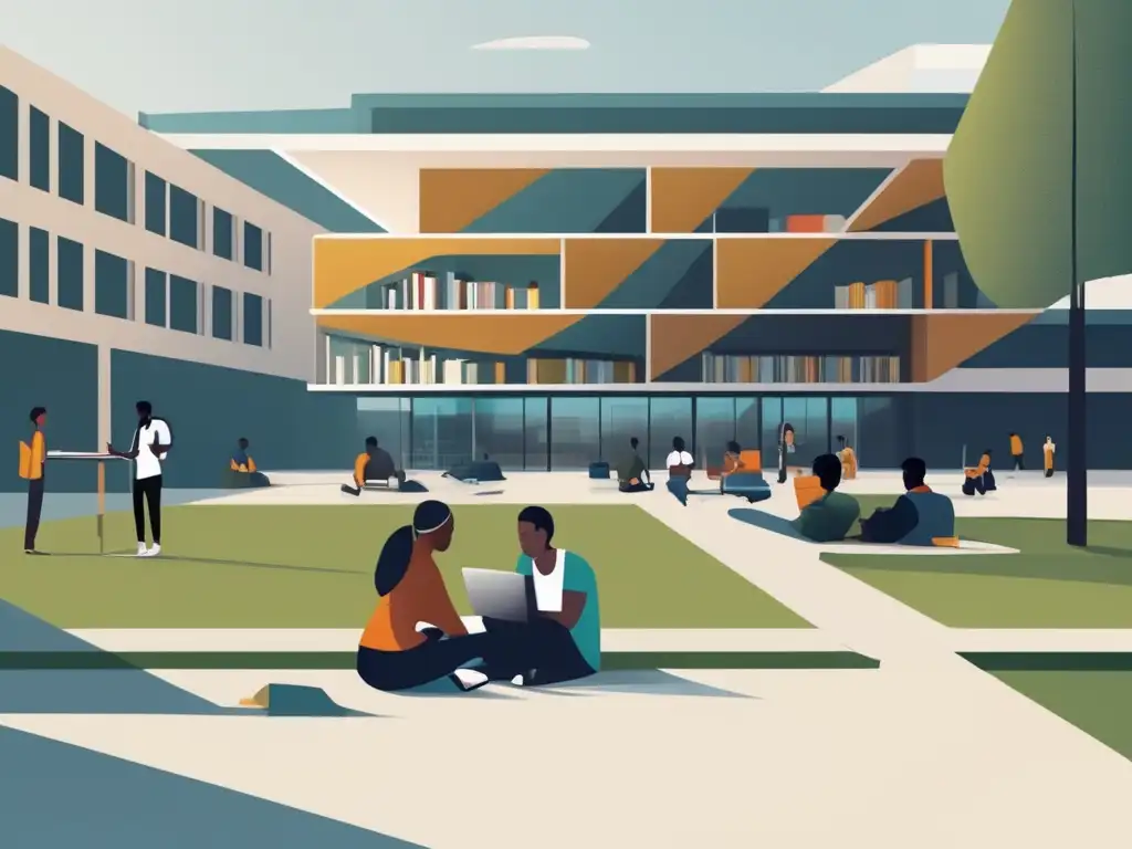 Estudiantes diversos estudian juntos en campus universitario moderno Financiamiento estudiantil inclusivo en universidad con diversidad étnica y actividades académicas en un campus moderno y sereno