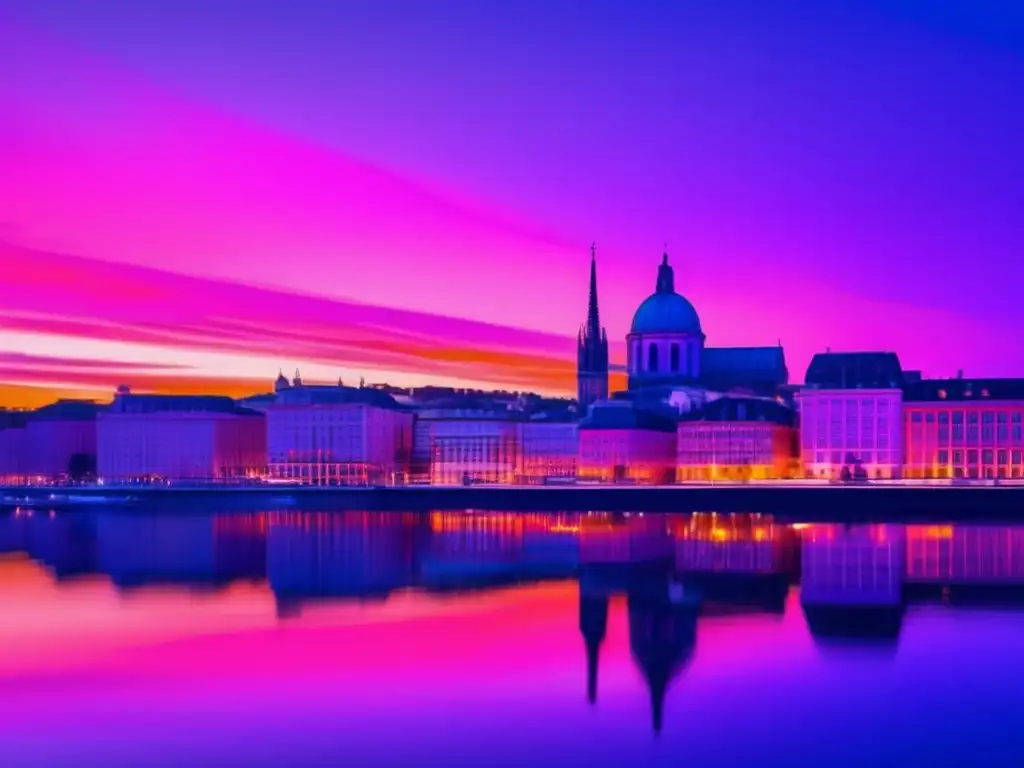 Ciudad europea al atardecer con arquitectura moderna Financiamiento de estudios en Europa: ciudad cosmopolita al atardecer, con edificios modernos y vibrante puesta de sol