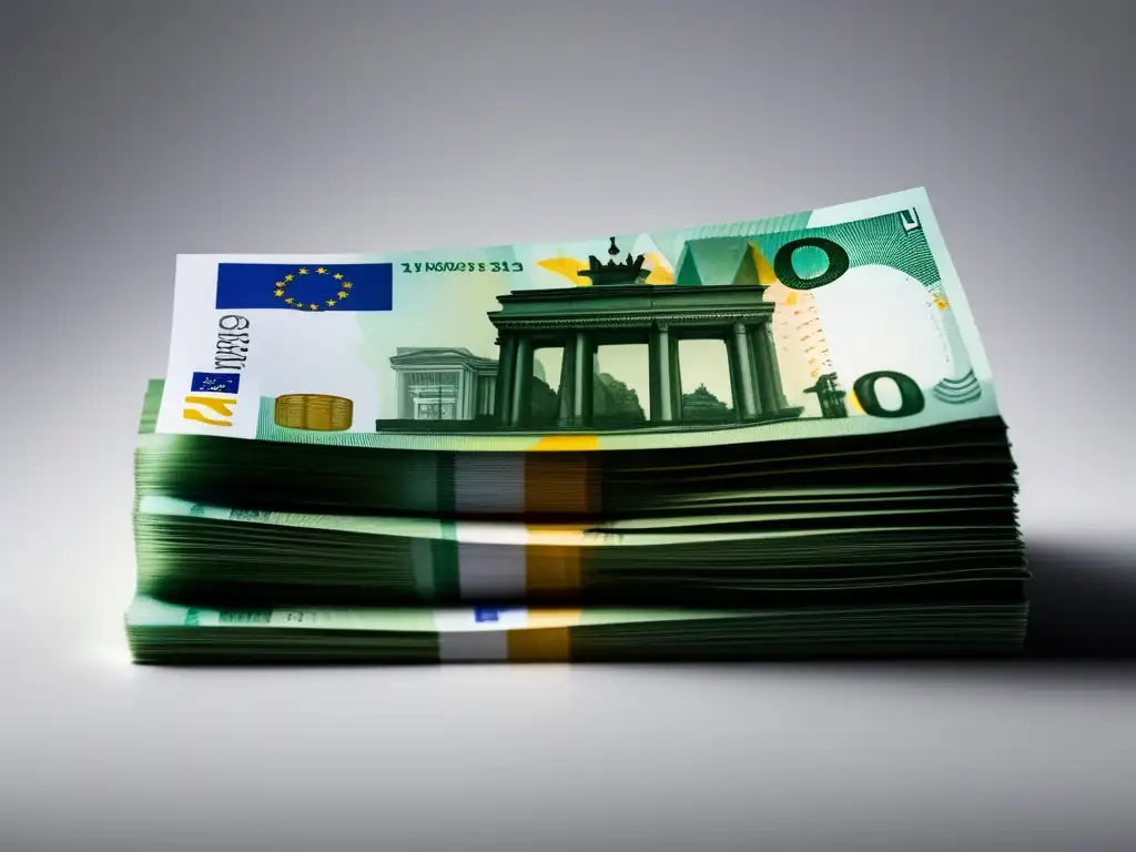 Pila de billetes de Euro: financiamiento educativo Financiamiento de estudios en Europa: imagen minimalista de billetes de Euro ordenados, en fondo blanco