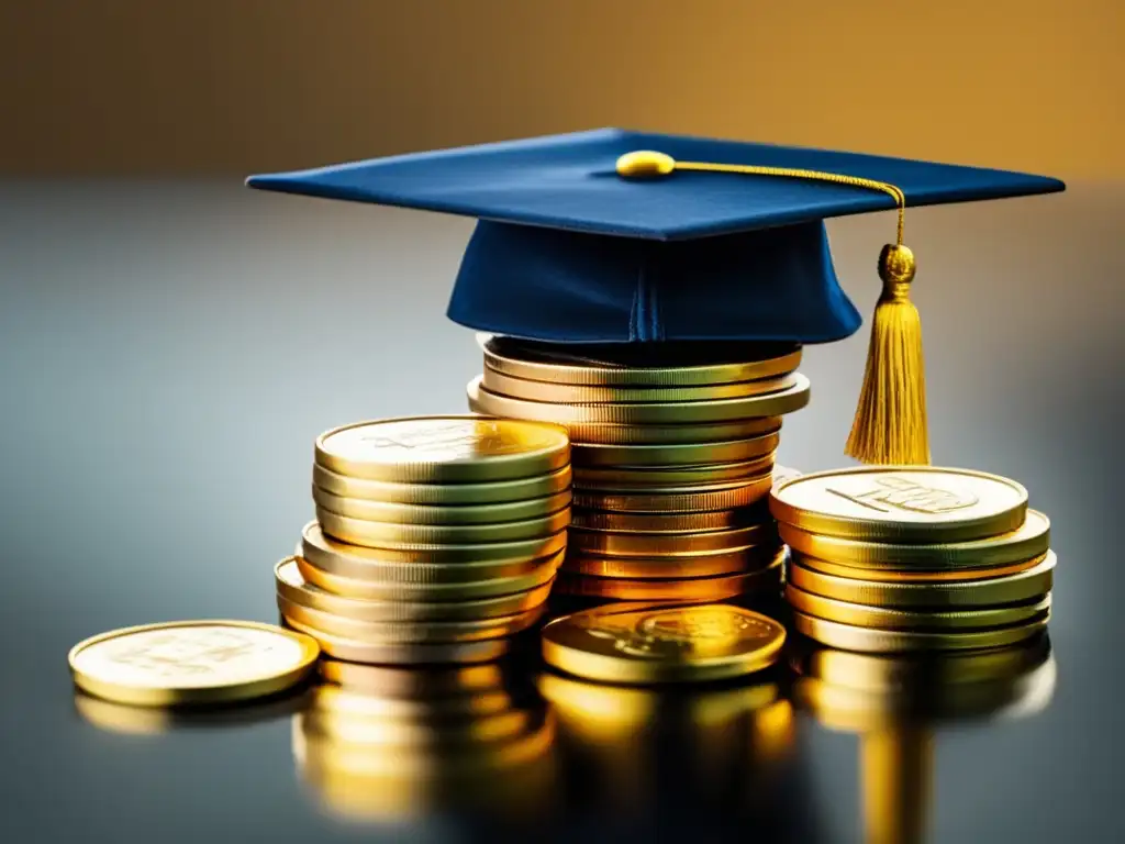Financiamiento universitario: monedas de euro con gorro de graduación Financiamiento de estudios universitarios en Europa: Monedas de euro apiladas con una gorra de graduación encima