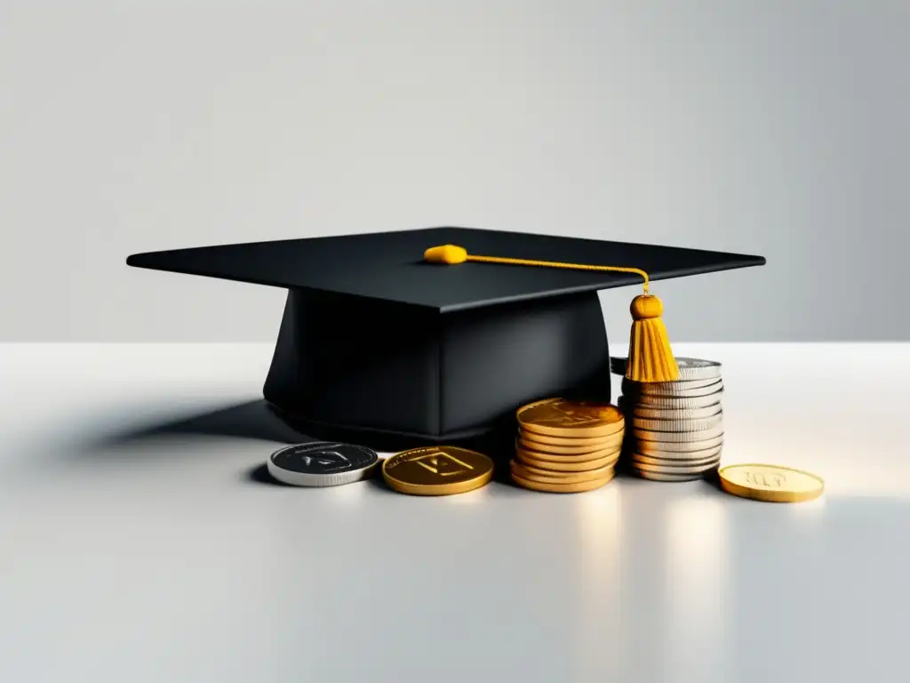 Éxito financiero en educación Graduación y planeación financiera: gorra de graduación con monedas, diseño moderno, fondo blanco