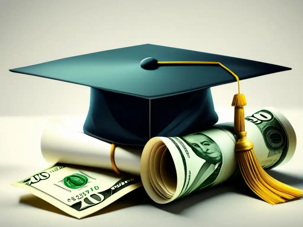 Planificación financiera exitosa para universitarios Planificación financiera universitaria exitosa: imagen minimalista y moderna de una gorra de graduación y pila de dinero en fondo blanco
