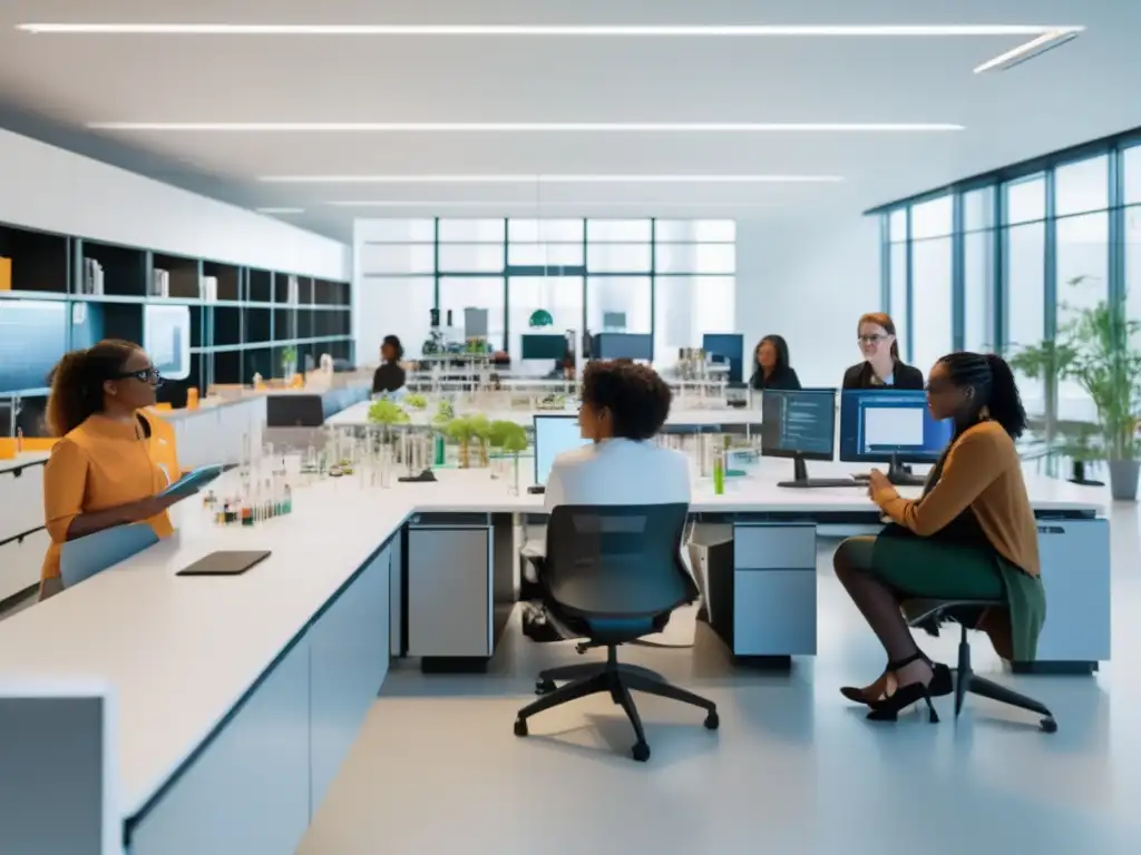 Mujeres STEM colaborando en laboratorio Fomento diversidad en STEM universitario: mujeres profesionales y estudiantes colaborando en laboratorio moderno y espacioso