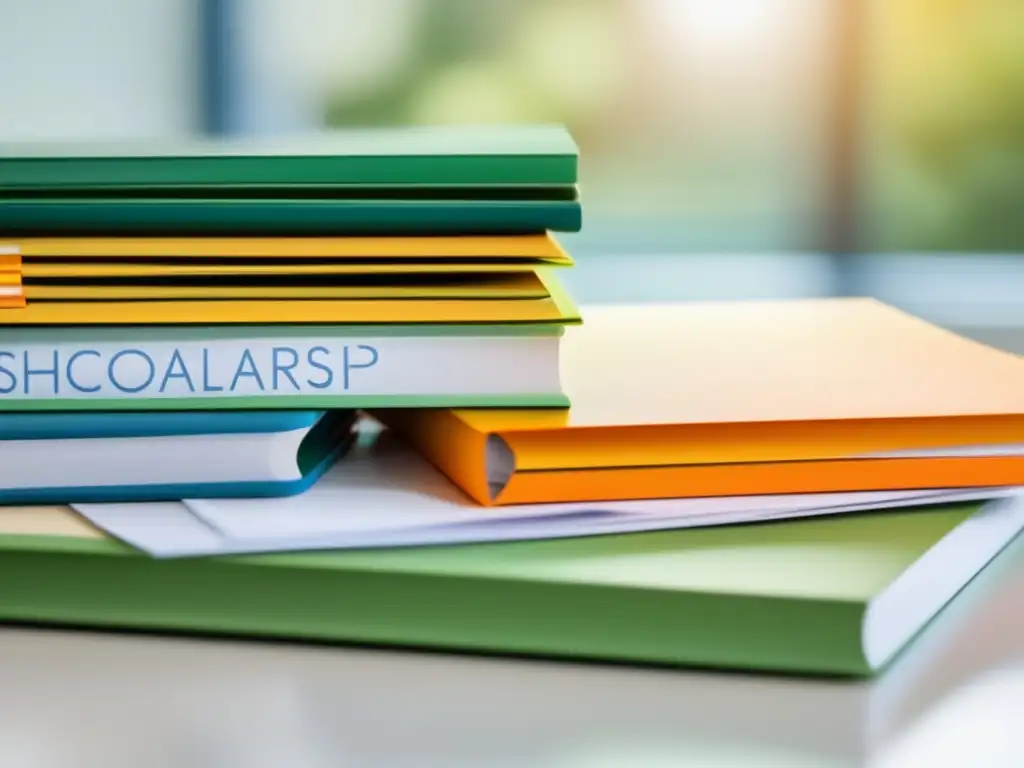 Formularios de becas coloridos en un escritorio blanco Formularios de becas en una mesa blanca con logos de programas de becas