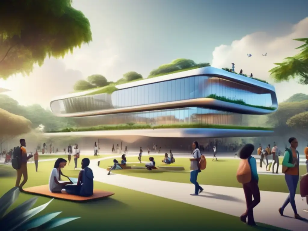 Campus universitario futurista con arquitectura moderna Futura universidad con arquitectura moderna, naturaleza y diversidad: Ventajas y desafíos de la inteligencia artificial en admisiones universitarias