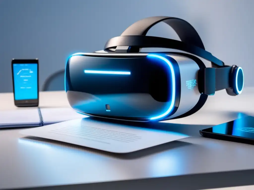 Futurista auriculares realidad virtual con AI Headset futurista en escritorio blanco con IA para análisis de datos y recomendaciones personalizadas