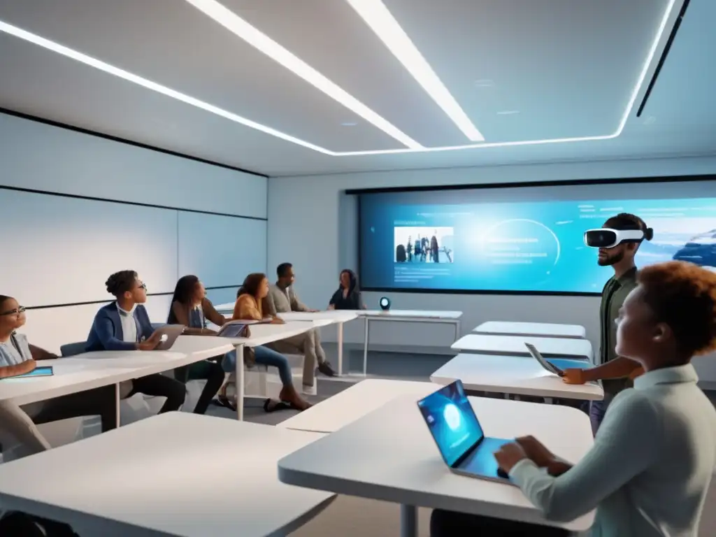 Aula futurista con tecnología avanzada Futuro aula con tecnología avanzada y estudiantes usando dispositivos electrónicos