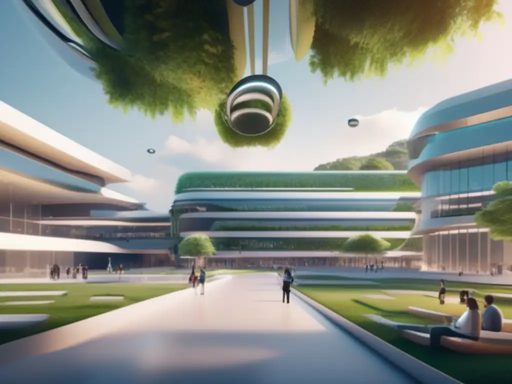 Campus universitario futurista con realidad virtual Futuro campus universitario con arquitectura minimalista y estudiantes utilizando plataformas virtuales para admisiones universitarias